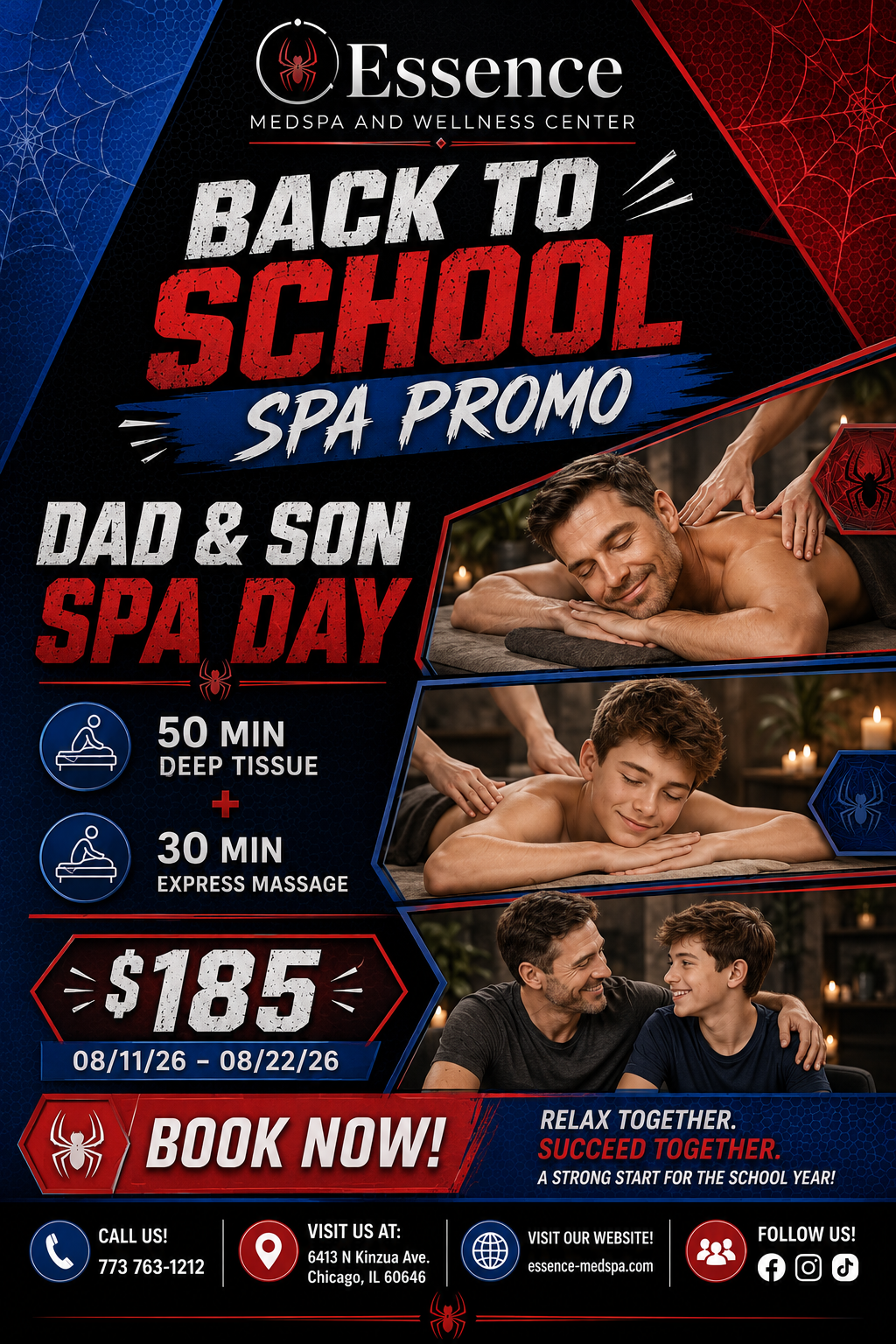 Back-to-School Father and Son Spa Day: 50-minute deep tissue massage and 30-minute express massage for $185, valid August 11 through 22, 2026.