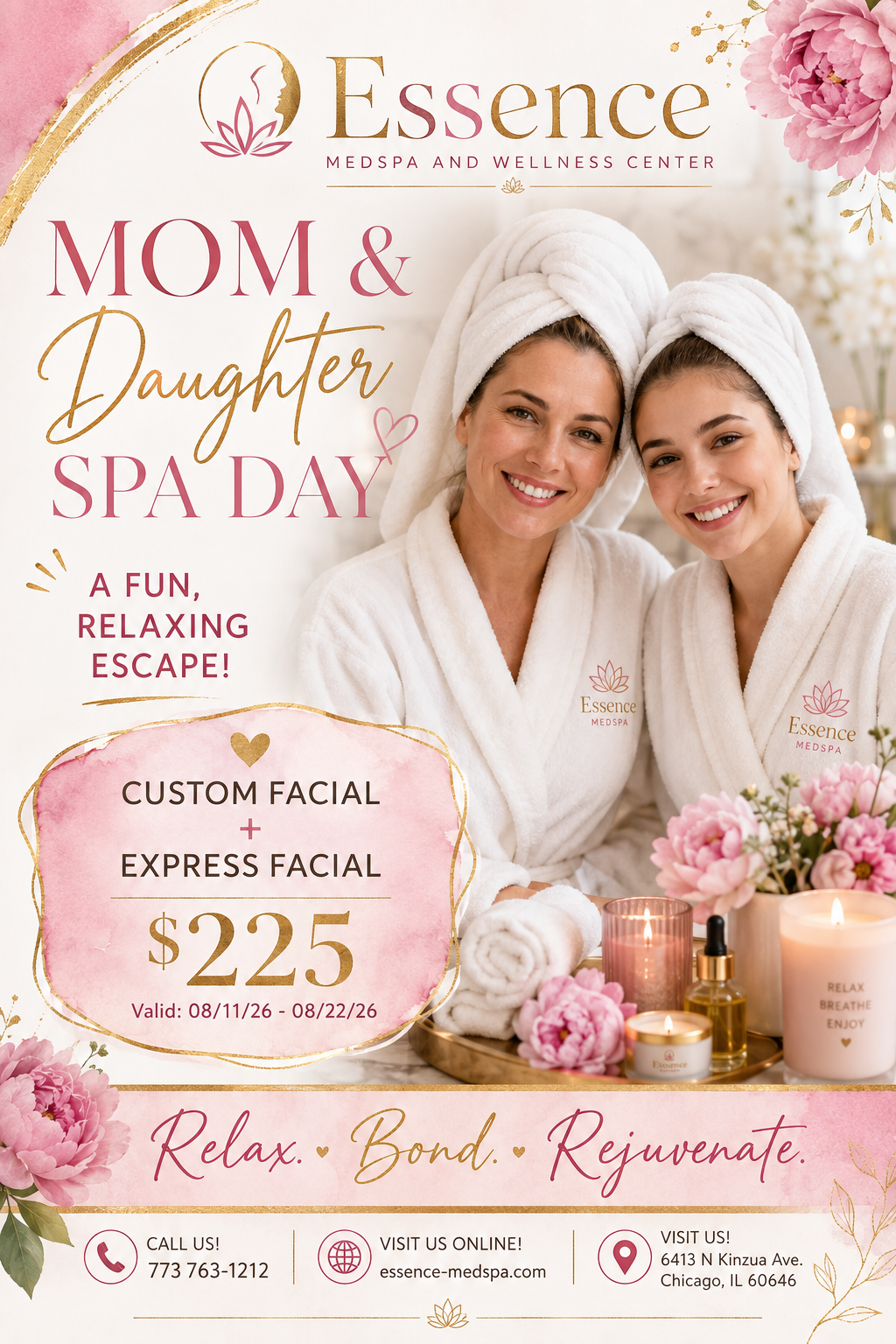 Back-to-School Mom and Daughter Spa Day: custom facial and express facial for $225, valid August 11 through 22, 2026.